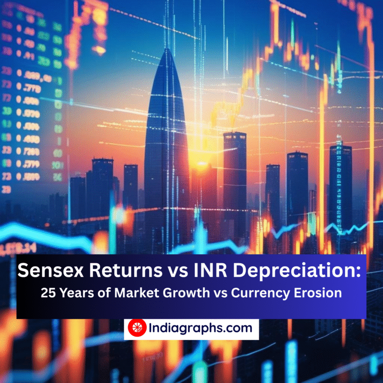Indiagraphs -Sensex Returns vs INR Depreciation 25 Years of Market Growth vs Currency Erosion